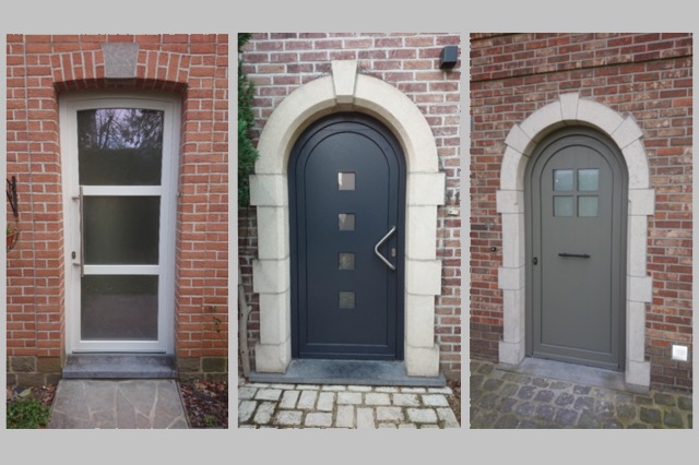 Trois portes d'entrée neuves posées sur des façades en brique à Nivelles, dont deux portes cintrées, réalisation BHB Windows