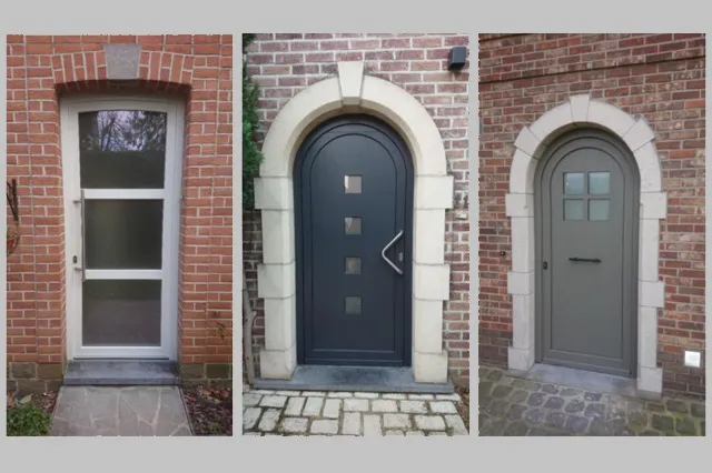 Trois portes d'entrée neuves posées sur des façades en brique à Nivelles, dont deux portes cintrées, réalisation BHB Windows