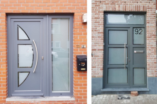 Deux portes d'entrée en aluminium avec parties vitrées posées sur des façades en brique, réalisation BHB Windows en Brabant wallon
