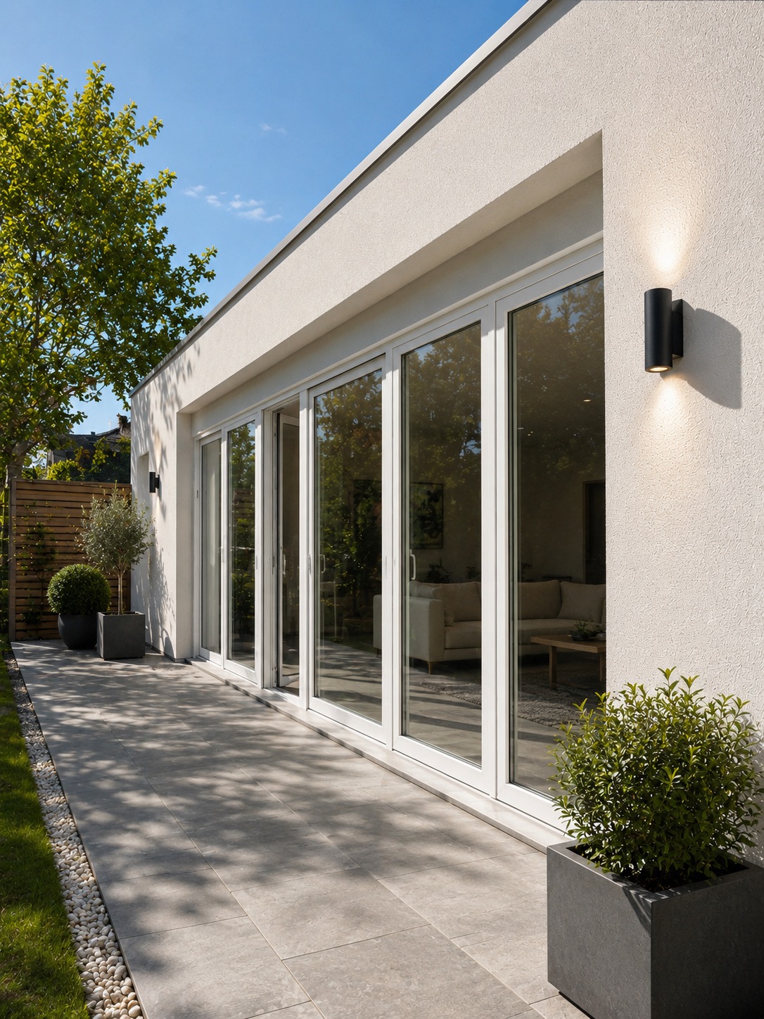 Grandes baies vitrées coulissantes à châssis blanc sur une maison contemporaine enduite, réalisation Concepteo Châssis