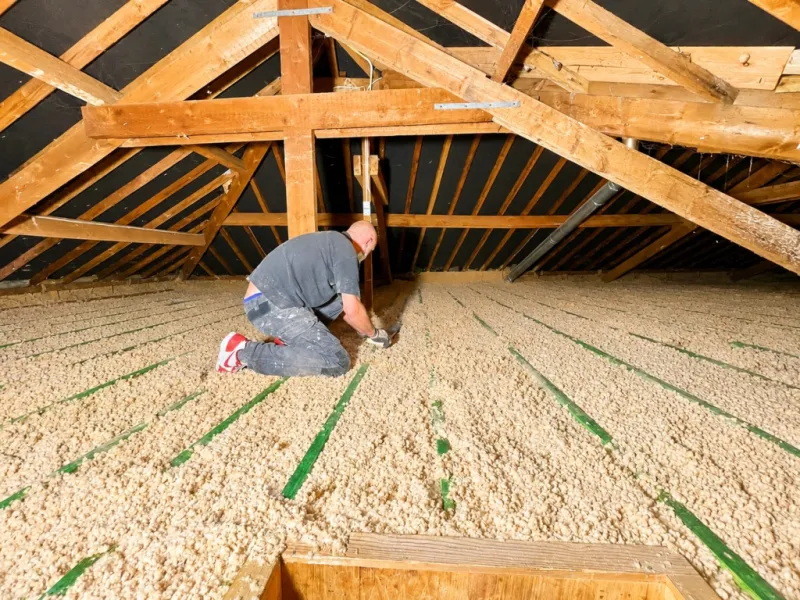 Soufflage de fibre de bois sur le plancher des combles par GS Isolation