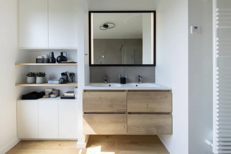 Meuble double vasque en chêne et grand miroir, GL Pro