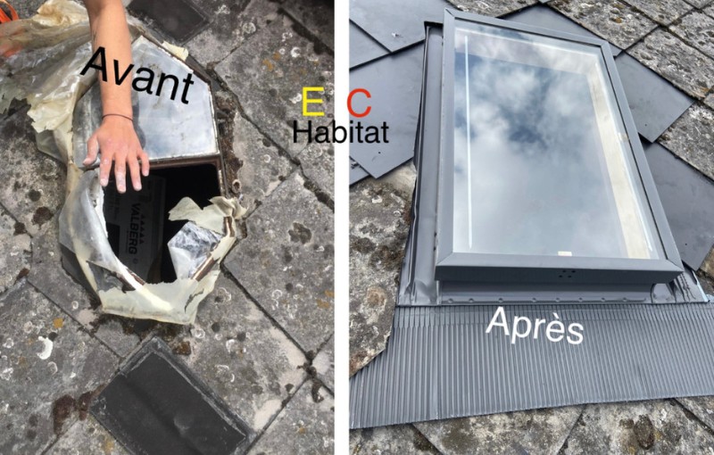 Avant après de la pose d'une fenêtre de toit sur une toiture en ardoise, par EC Habitat