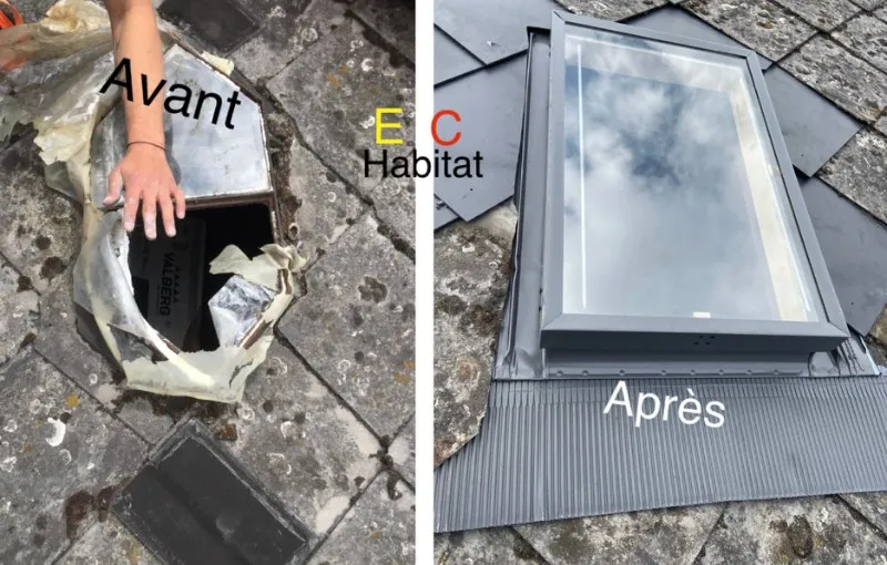 Avant après de la pose d'une fenêtre de toit sur une toiture en ardoise, par EC Habitat